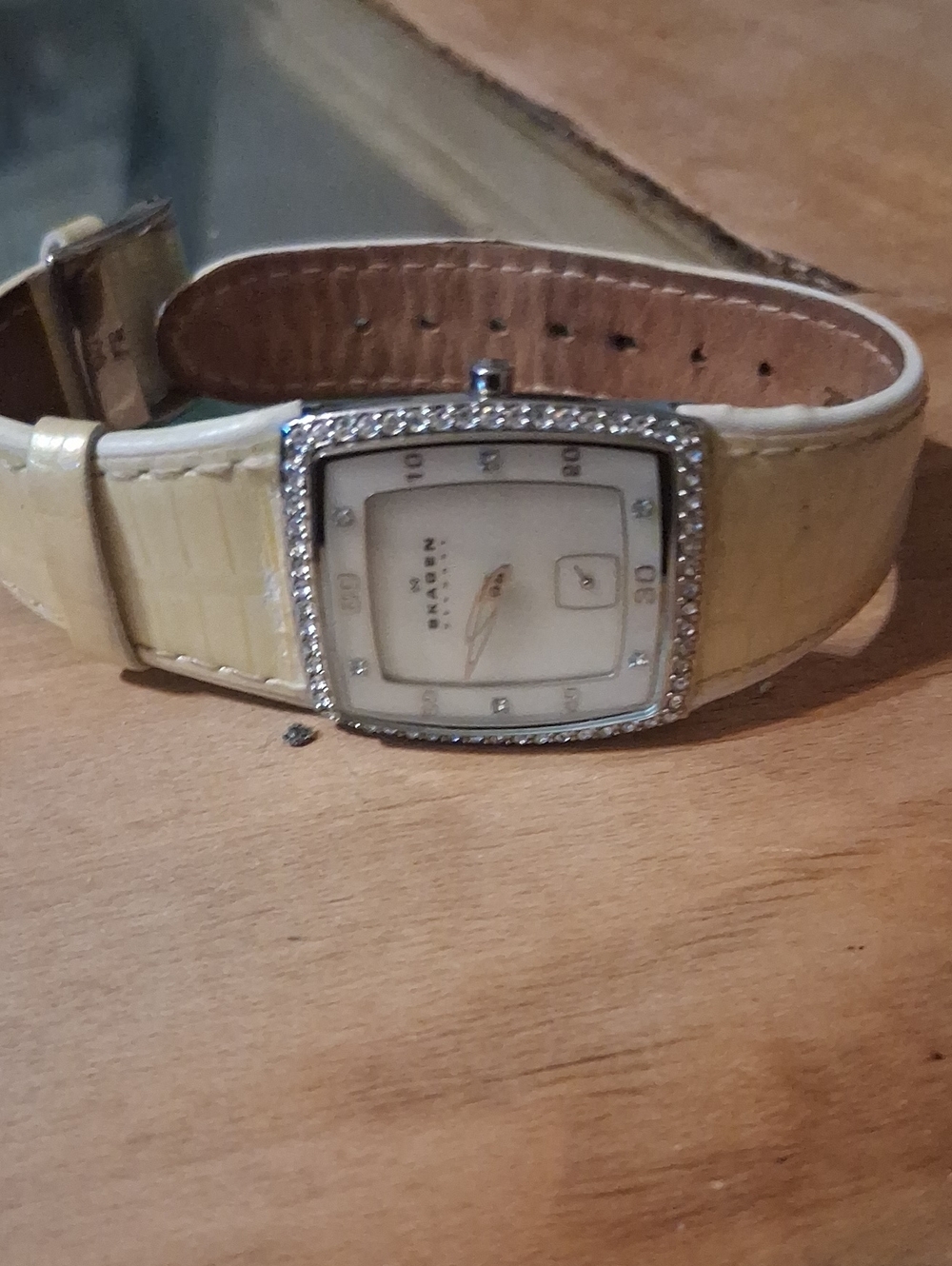 Skagen Silver Crystal-Trim Rectangular Watch with Cream Strap